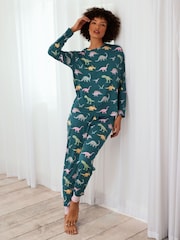 Chelsea Peers Green Dinosaur Print Long Pyjama Set - Image 3 of 5