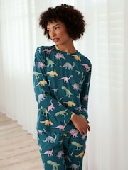 Chelsea Peers Green Dinosaur Print Long Pyjama Set - Image 4 of 5
