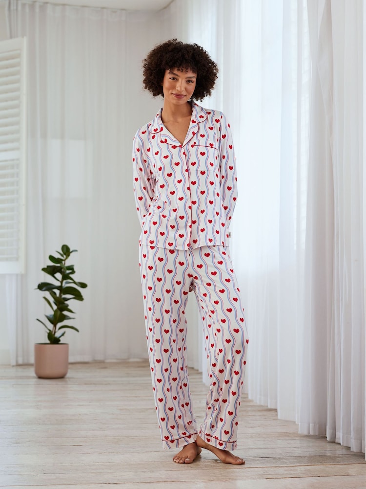 Chelsea Peers White Wavy Stripe Heart Print Long Pyjama Set - Image 1 of 5 Chelsea Peers White Wavy Stripe Heart Print Long Pyjama Set - Image 1 of 5