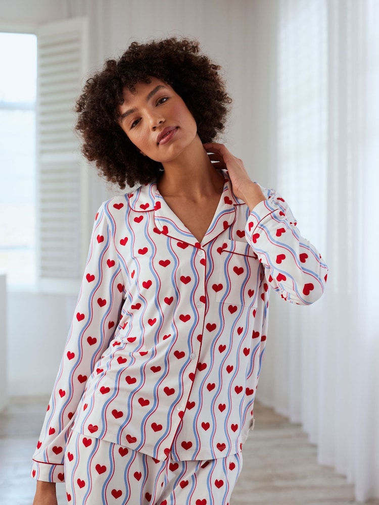 Chelsea Peers White Wavy Stripe Heart Print Long Pyjama Set - Image 2 of 5 Chelsea Peers White Wavy Stripe Heart Print Long Pyjama Set - Image 2 of 5