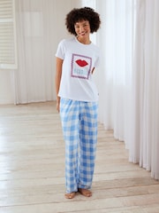 Chelsea Peers Kiss Print Gingham Long Pyjamas Set - Image 1 of 5