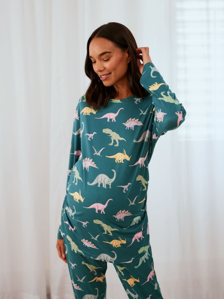 Chelsea Peers Green Maternity Dinosaur Print Long Pyjamas Set - Image 2 of 5