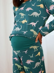 Chelsea Peers Green Maternity Dinosaur Print Long Pyjamas Set - Image 4 of 5