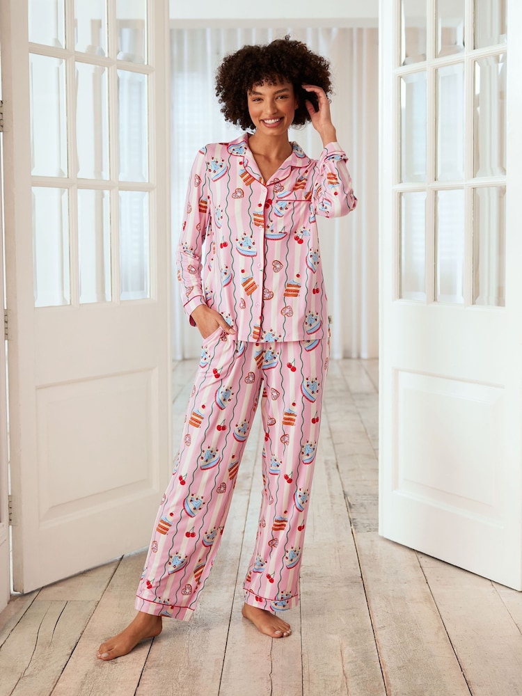 Chelsea Peers Pink Trouser Pyjamas Cake Print Long Pyjamas Set - Image 1 of 5