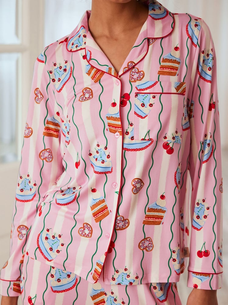 Chelsea Peers Pink Trouser Pyjamas Cake Print Long Pyjamas Set - Image 2 of 5