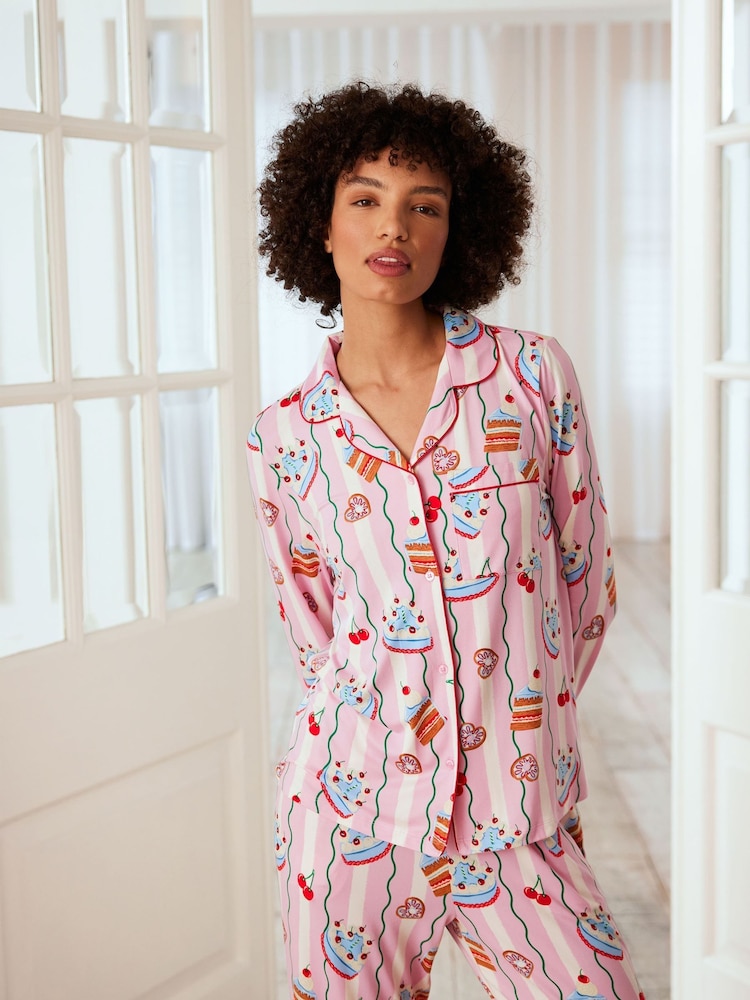 Chelsea Peers Pink Trouser Pyjamas Cake Print Long Pyjamas Set - Image 5 of 5