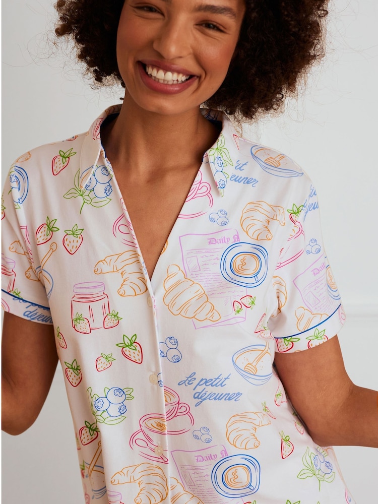 Chelsea Peers White Short Pyjamas Breakfast Print Long Pyjamas Set - Image 2 of 4 Chelsea Peers White Short Pyjamas Breakfast Print Long Pyjamas Set - Image 2 of 4