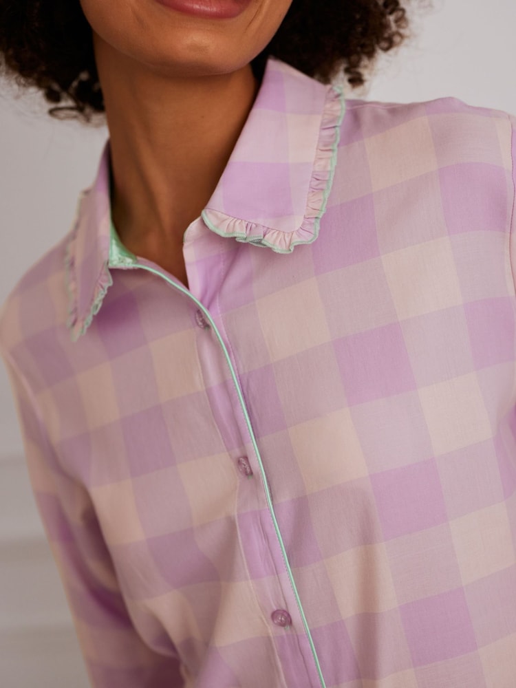 Chelsea Peers 100% Cotton Gingham Frill Long Pyjamas Set - Image 2 of 5