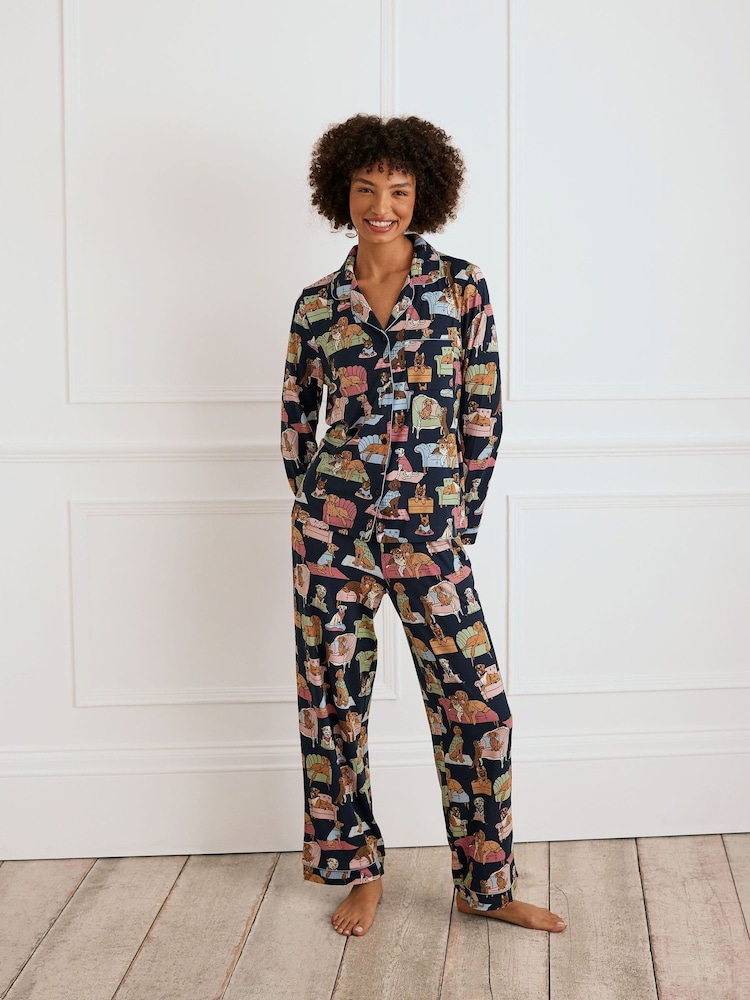Chelsea Peers Dogs Night In Print Long Pyjamas Set - Imagen 1 de 5