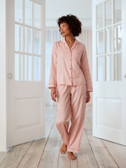 Chelsea Peers Reddish Pink 100% Cotton Stripe Heart Button Long Pyjamas Set - Image 1 of 5