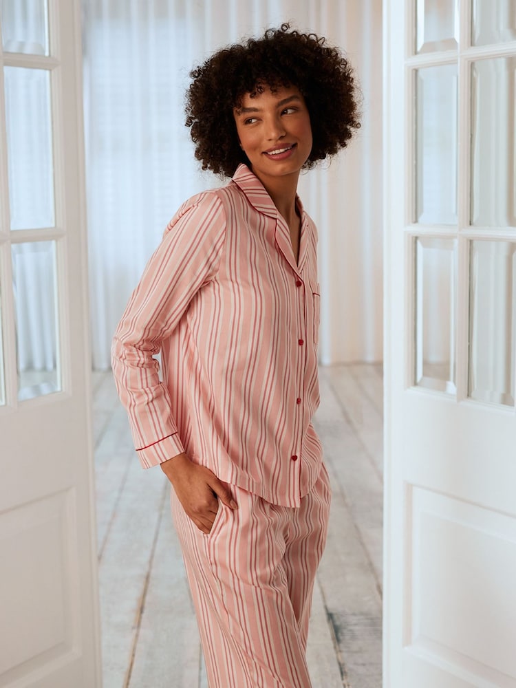 Chelsea Peers Reddish Pink 100% Cotton Stripe Heart Button Long Pyjamas Set - Image 2 of 5