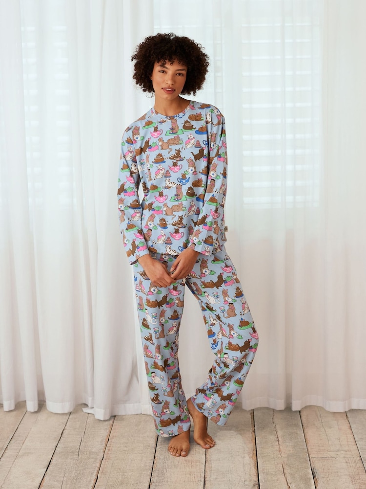 Chelsea Peers Blue Cotton Cats Tea Party Print Long Pyjamas Set - Image 1 of 5