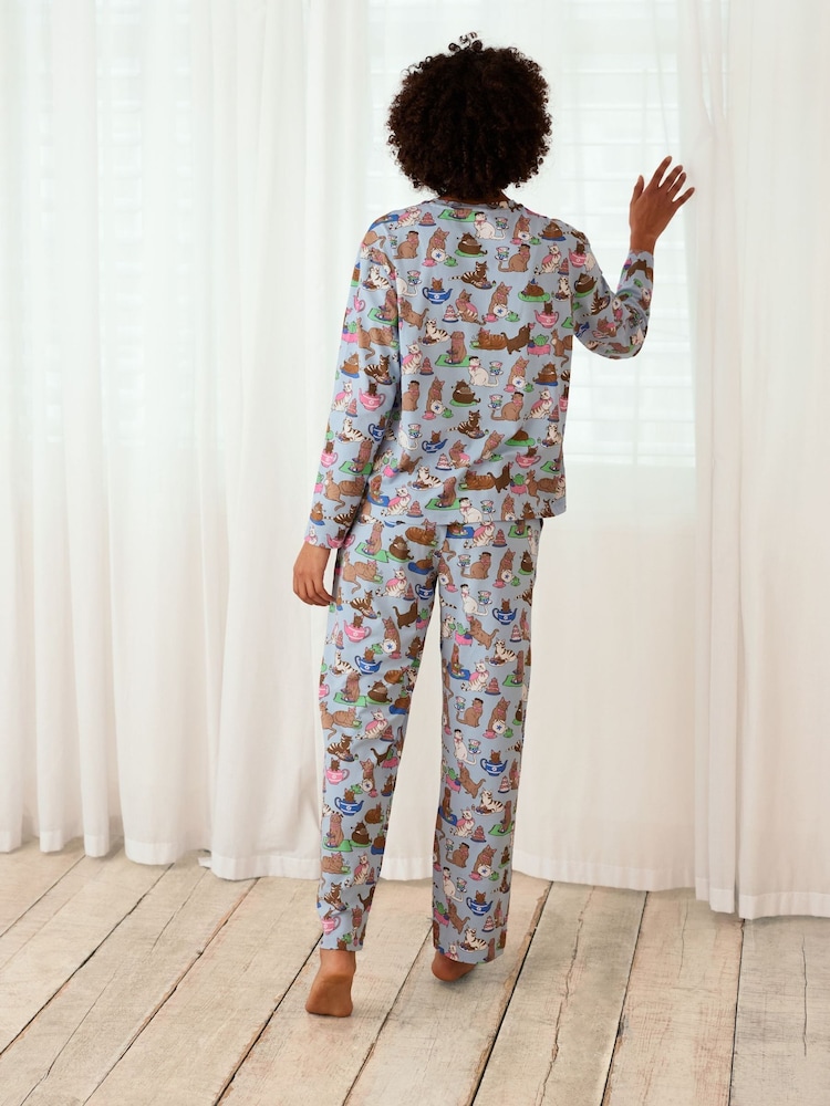 Chelsea Peers Blue Cotton Cats Tea Party Print Long Pyjamas Set - Image 2 of 5