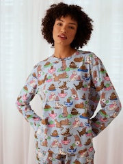 Chelsea Peers Blue Cotton Cats Tea Party Print Long Pyjamas Set - Image 3 of 5