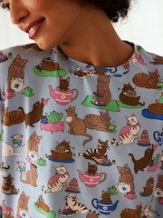 Chelsea Peers Blue Cotton Cats Tea Party Print Long Pyjamas Set - Image 4 of 5