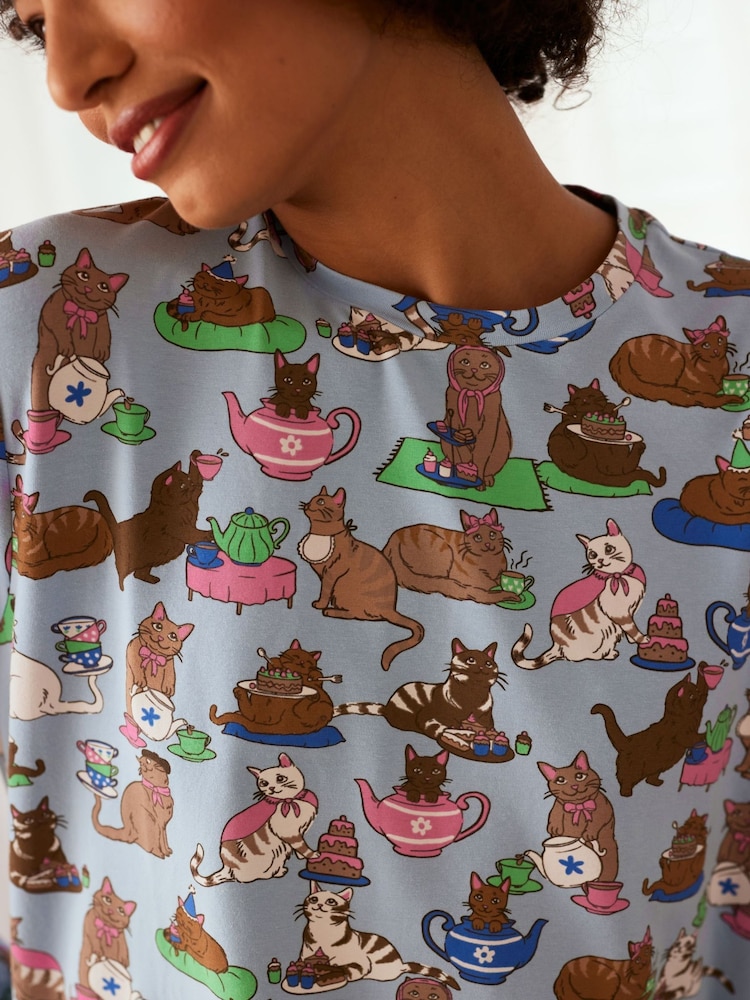 Chelsea Peers Blue Cotton Cats Tea Party Print Long Pyjamas Set - Image 4 of 5