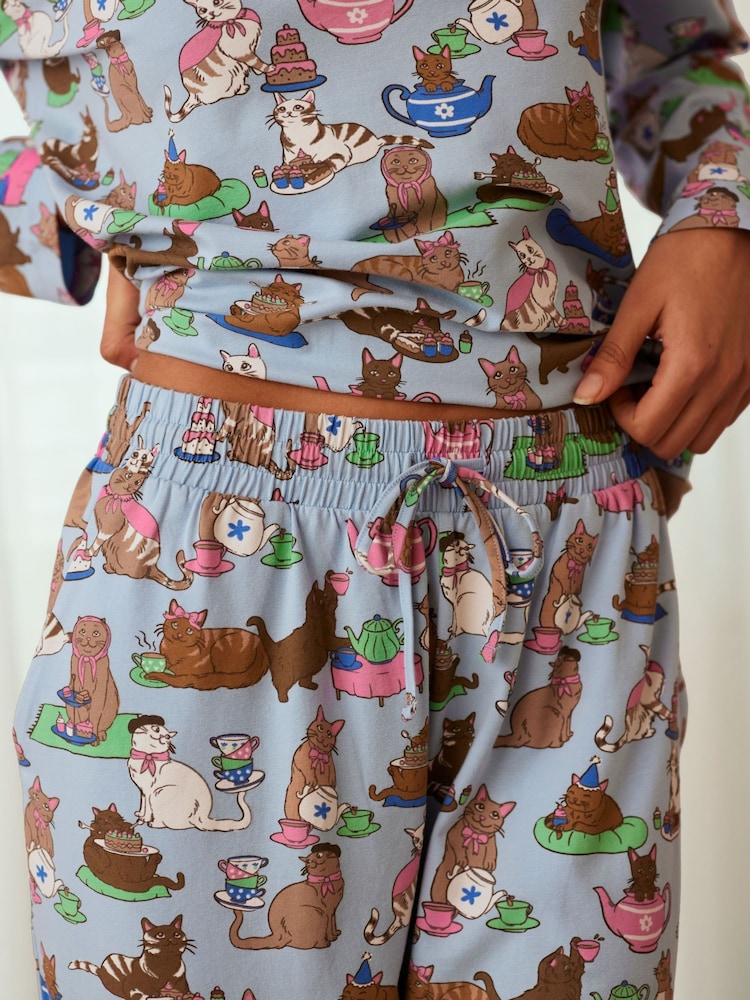 Chelsea Peers Blue Cotton Cats Tea Party Print Long Pyjamas Set - Image 5 of 5