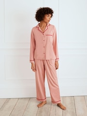 Chelsea Peers Champagne Pink Organic Cotton Embroidered Back Good Morning Long Pyjamas Set - Image 1 of 7