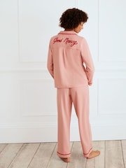 Chelsea Peers Champagne Pink Organic Cotton Embroidered Back Good Morning Long Pyjamas Set - Image 3 of 7