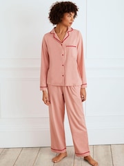Chelsea Peers Champagne Pink Organic Cotton Embroidered Back Good Morning Long Pyjamas Set - Image 6 of 7