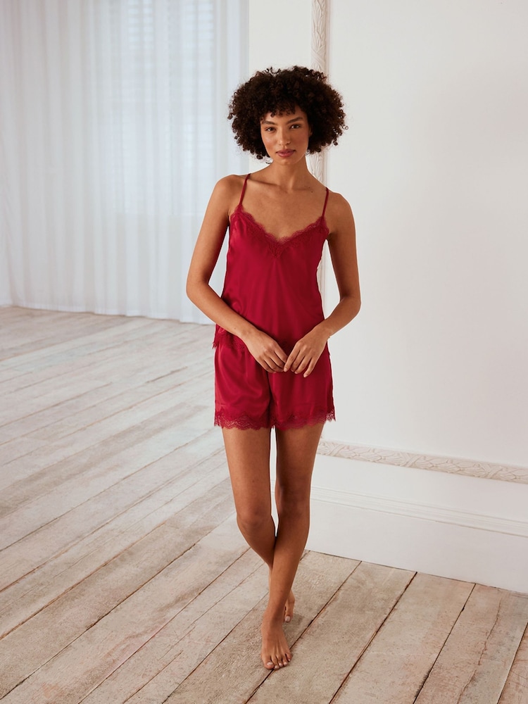 Chelsea Peers Red Satin Lace Trim Cami Short Pyjama Set - Image 1 of 4