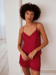 Chelsea Peers Red Satin Lace Trim Cami Short Pyjama Set - Image 2 of 4