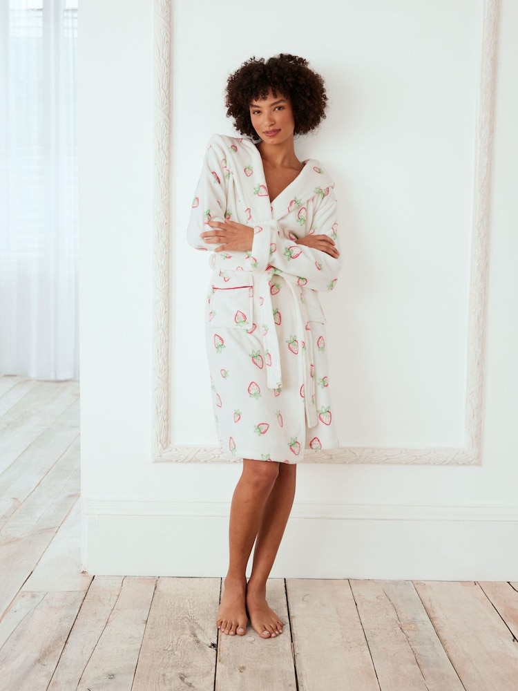 Chelsea Peers White Fleece Strawberry Print Dressing Gown - Image 1 of 5