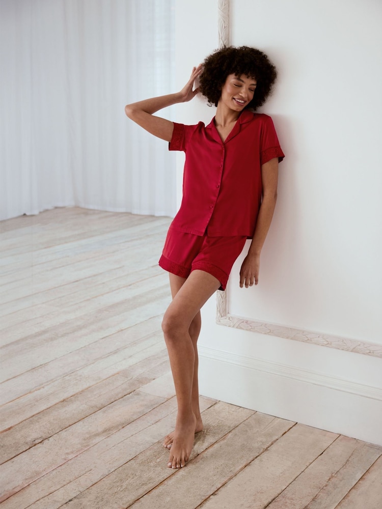 Chelsea Peers Red Satin Lace Trim Short Pyjama Set - Image 1 of 4