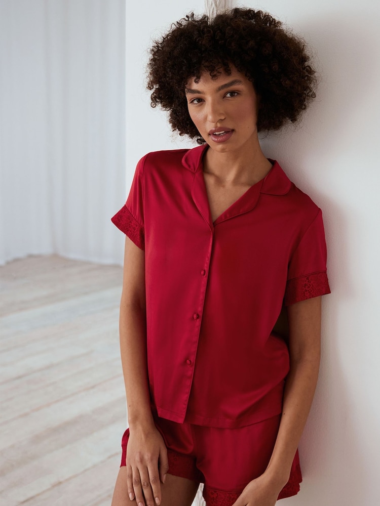 Chelsea Peers Red Satin Lace Trim Short Pyjama Set - Image 2 of 4