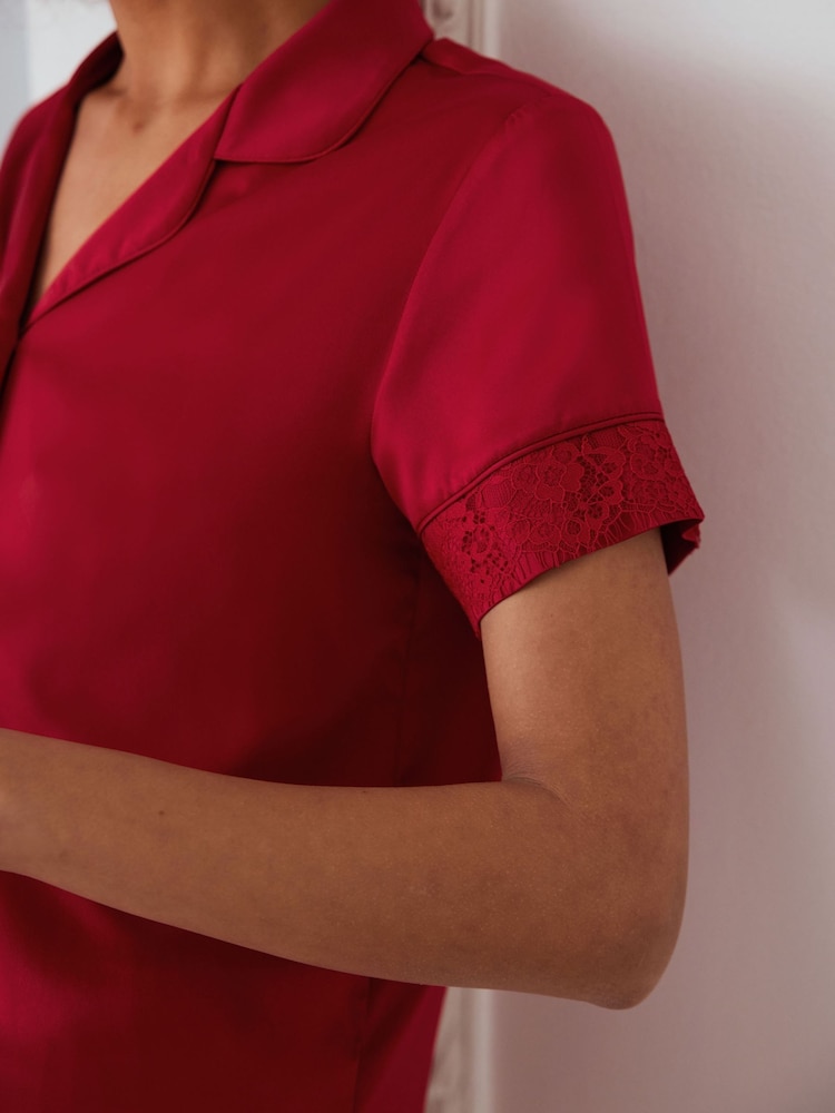 Chelsea Peers Red Satin Lace Trim Short Pyjama Set - Image 5 of 5