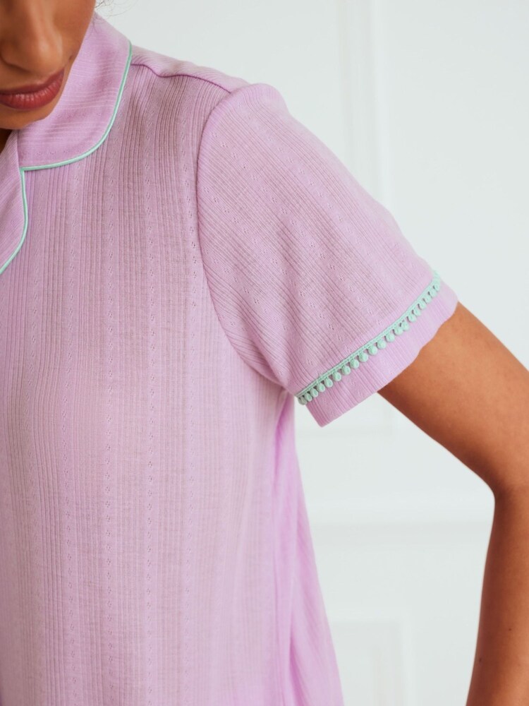 Chelsea Peers Purple Pointelle Button Up Short Pyjamas Set - Image 2 of 5 Chelsea Peers Purple Pointelle Button Up Short Pyjamas Set - Image 2 of 5