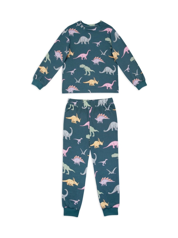 Chelsea Peers Blue Kids Dinosaur Print Long Pyjama Set - Image 1 of 3