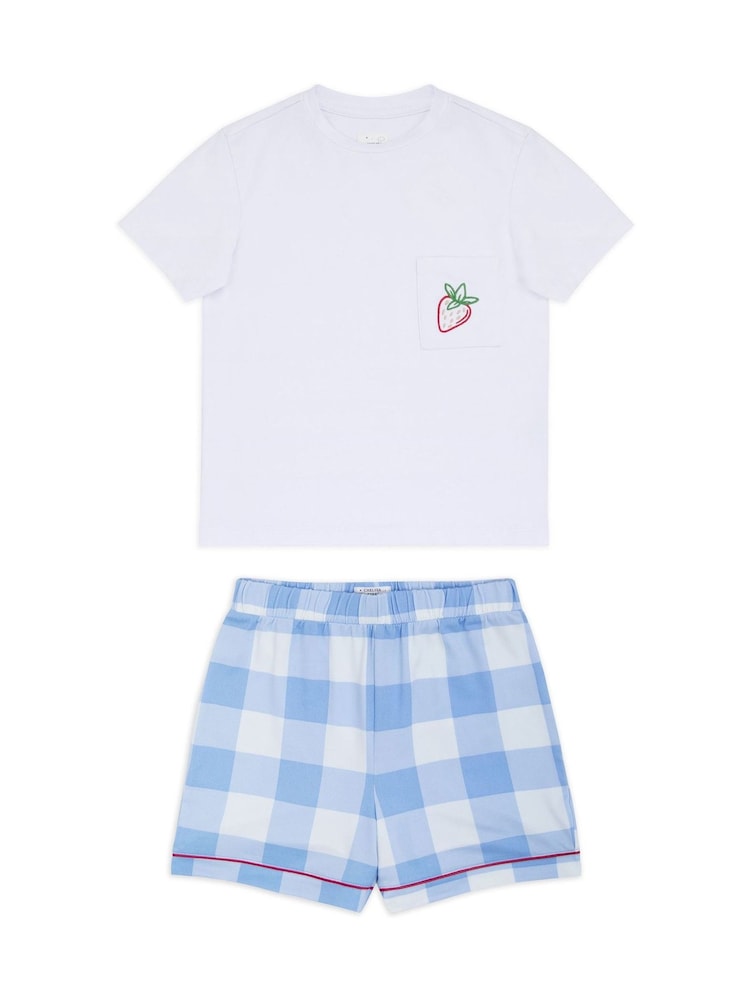 Chelsea Peers Blue Gingham & Strawberry Print Short Pyjamas Set - Image 1 of 3 Chelsea Peers Blue Gingham & Strawberry Print Short Pyjamas Set - Image 1 of 3