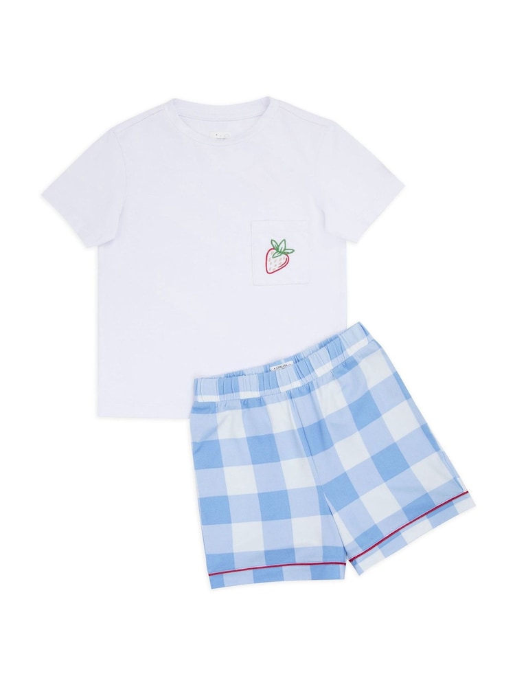 Chelsea Peers Blue Gingham & Strawberry Print Short Pyjamas Set - Image 2 of 3 Chelsea Peers Blue Gingham & Strawberry Print Short Pyjamas Set - Image 2 of 3