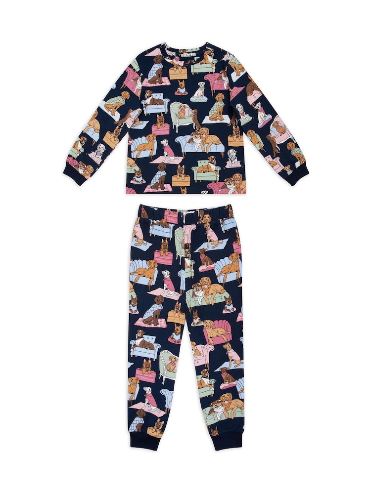 Chelsea Peers Blue Kids Dogs Night In Print Long Pyjamas Set - Image 1 of 3 Chelsea Peers Blue Kids Dogs Night In Print Long Pyjamas Set - Image 1 of 3