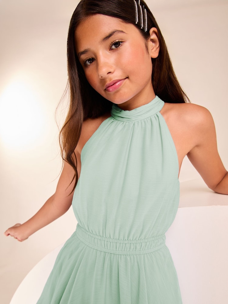 Lipsy Mint Green Hanky Hem Halter Occasion Dress (7-16yrs) - Image 2 of 4