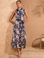 Love & Roses Navy Floral Printed Jersey Midi Shirt Dress - Image 1 of 4