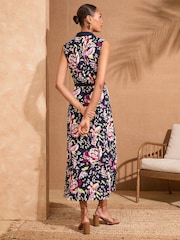 Love & Roses Navy Floral Printed Jersey Midi Shirt Dress - Image 4 of 4