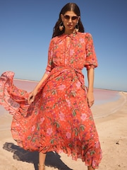 V&A I Love & Roses Orange Floral Petite Metallic Notch Neck 3/4 Sleeve Midi Dress - Image 1 of 5