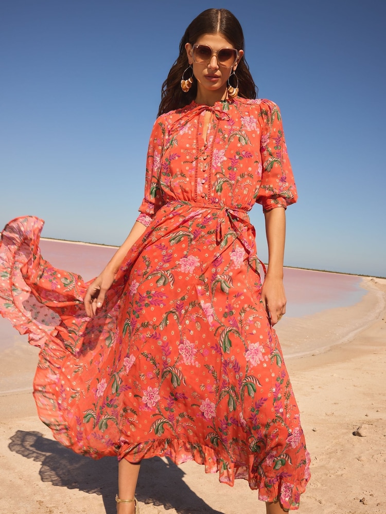 V&A I Love & Roses Orange Floral Petite Metallic Notch Neck 3/4 Sleeve Midi Dress - Image 1 of 5