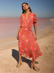 V&A I Love & Roses Orange Floral Petite Metallic Notch Neck 3/4 Sleeve Midi Dress - Image 2 of 5