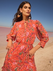 V&A I Love & Roses Orange Floral Petite Metallic Notch Neck 3/4 Sleeve Midi Dress - Image 3 of 5