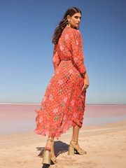 V&A I Love & Roses Orange Floral Petite Metallic Notch Neck 3/4 Sleeve Midi Dress - Image 4 of 5