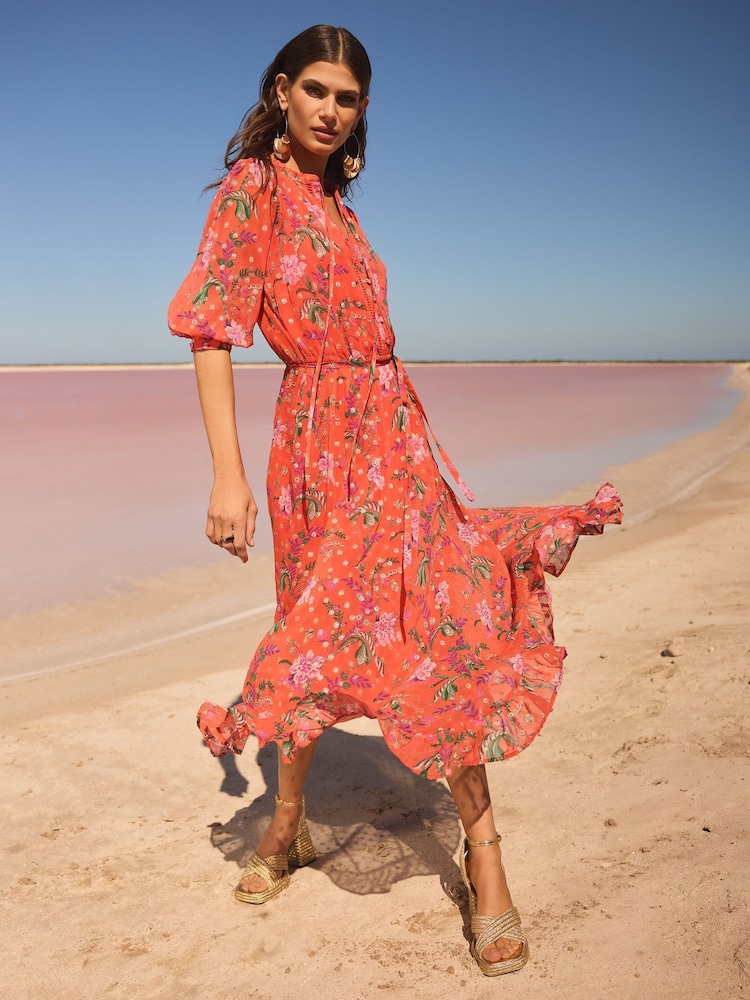 V&A I Love & Roses Orange Floral Petite Metallic Notch Neck 3/4 Sleeve Midi Dress - Image 5 of 5