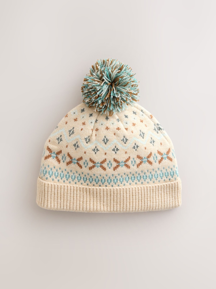 Natural Fairisle Pattern Baby Knitted Pom Beanie Hat (0mths-2yrs) - Image 1 of 3