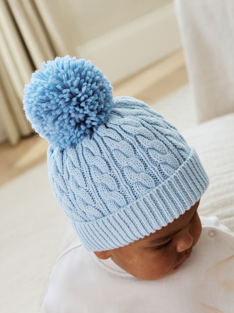 Blue Cable Baby Knitted Hat With Pom (0mths-2yrs) - Image 2 of 5 Blue Cable Baby Knitted Hat With Pom (0mths-2yrs) - Image 2 of 5