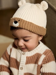 Brown Baby Bear Face Ribbed Beanie Hat (0mths-2yrs) - Image 1 of 1