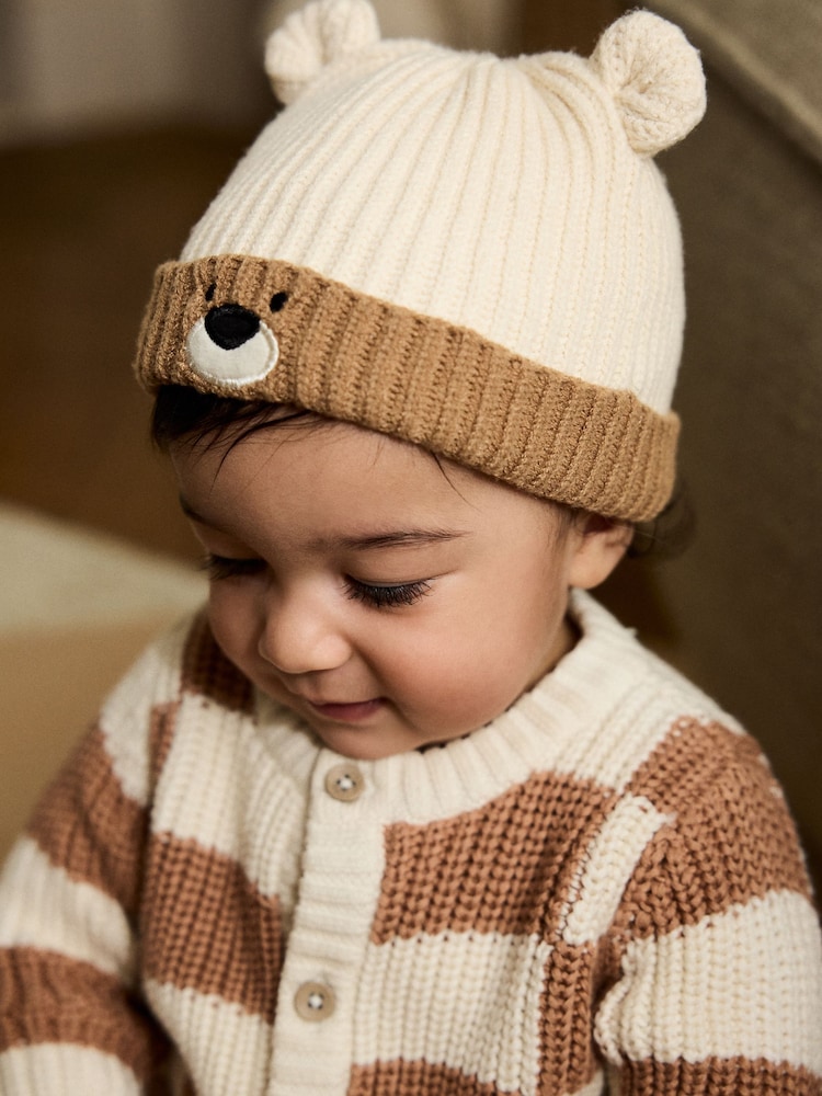 Brown Baby Bear Face Ribbed Beanie Hat (0mths-2yrs) - Image 1 of 1 Brown Baby Bear Face Ribbed Beanie Hat (0mths-2yrs) - Image 1 of 1