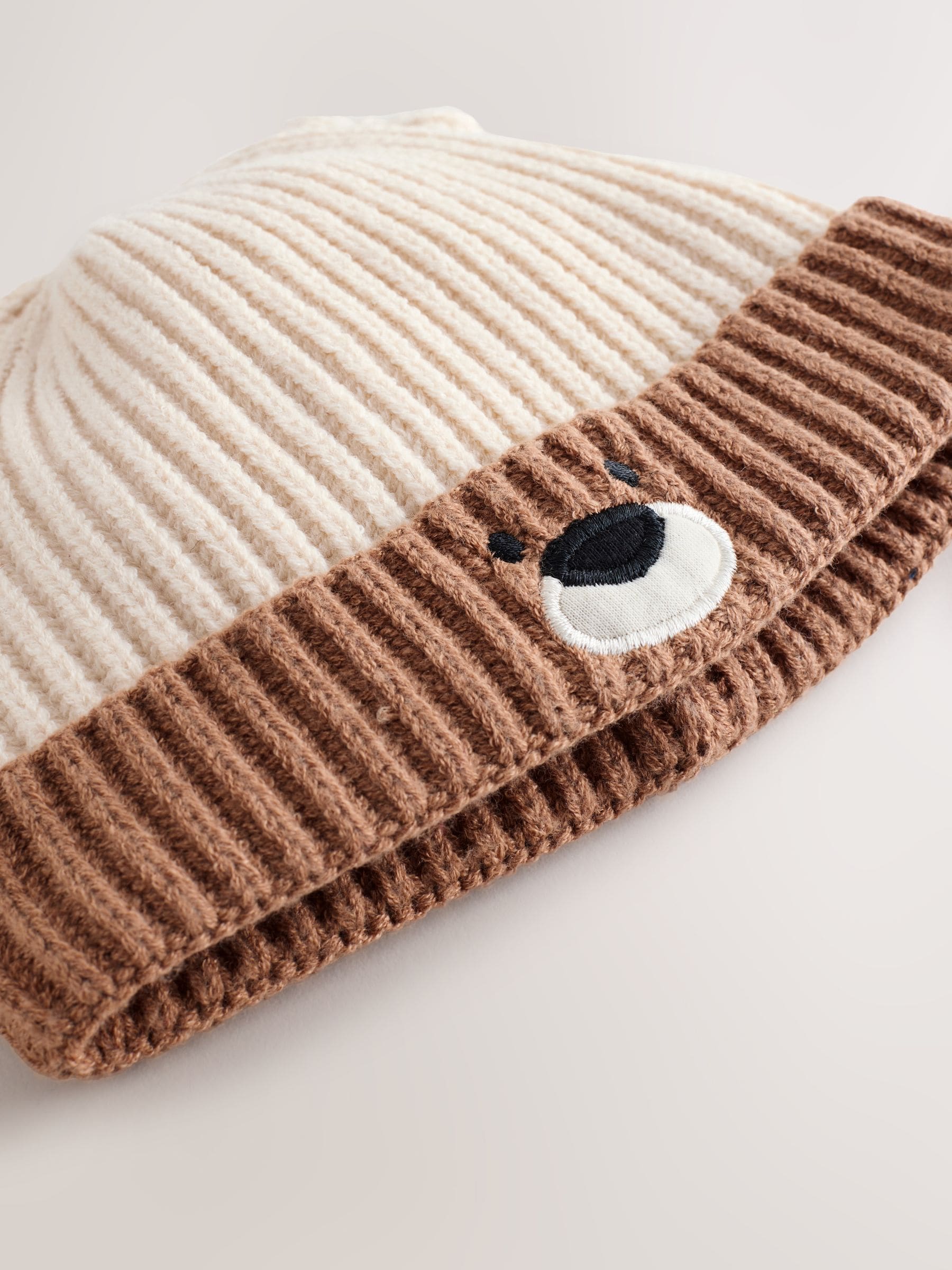 Buy Brown Bear Face Ribbed Baby Beanie Hat (0mths-2yrs) from the