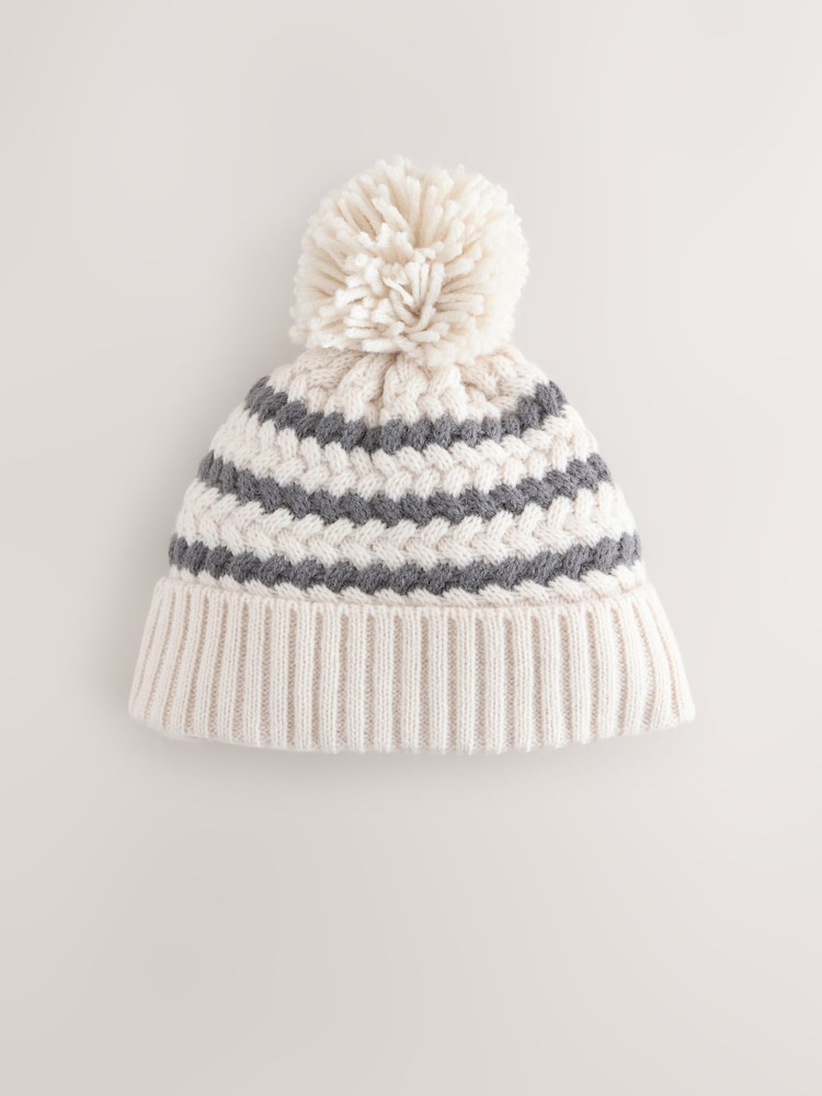Monochrome Striped Baby Knitted Hat With Pom (0mths-2yrs) - Image 1 of 5 Monochrome Striped Baby Knitted Hat With Pom (0mths-2yrs) - Image 1 of 5